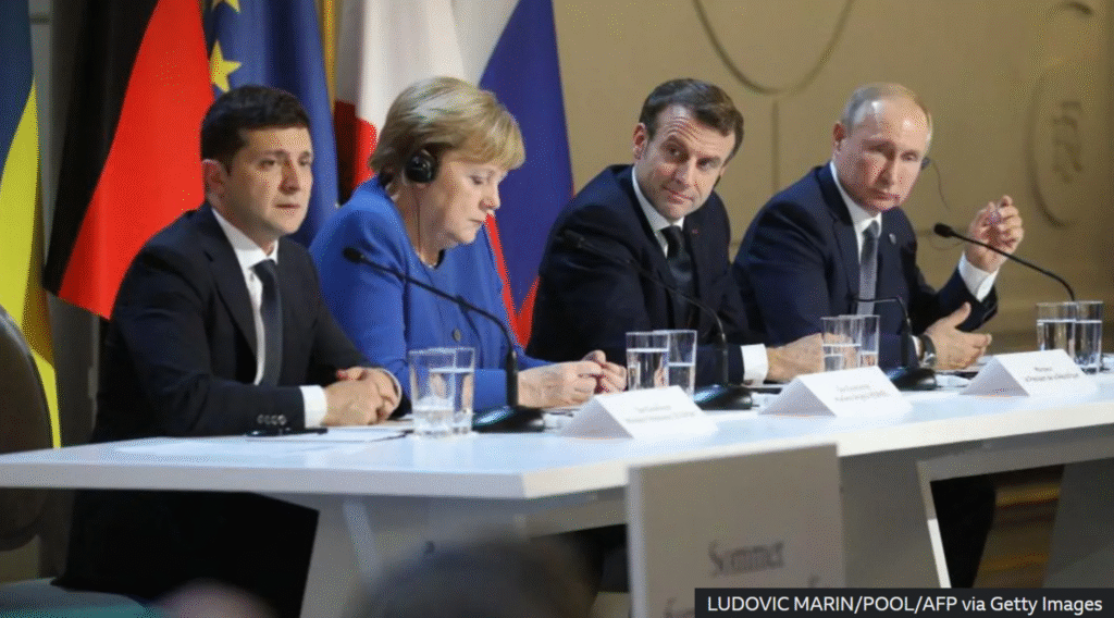 The last time Zelensky and Putin were in the same room was during a 2019 summit in Paris - when Angela Merkel was the German Chancellor